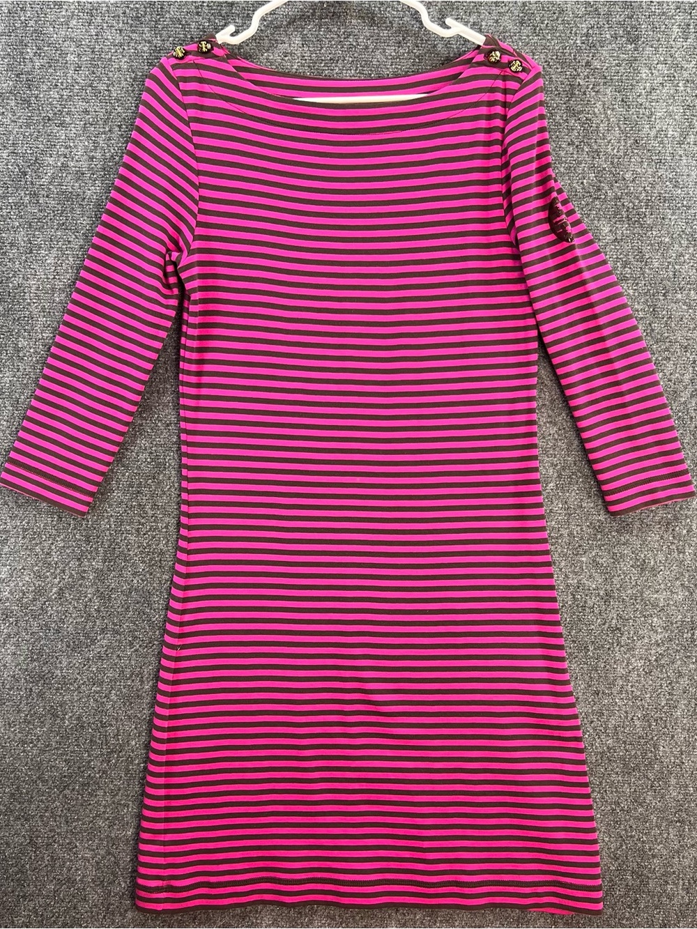 Tory Burch Boatneck Button Shoulder Dress S Pink/Brown Stripe 3/4 Sleeve Cotton